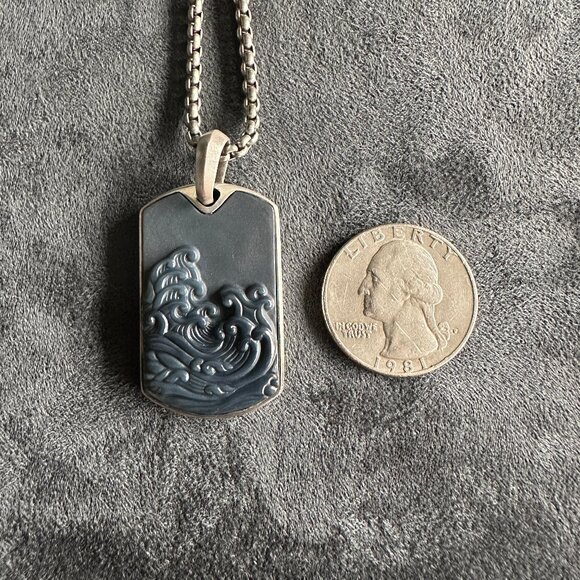David Yurman Waves Dog Tag w/ Carved Agate & DY Small Box Chain Necklace 22" - Picture 10 of 13